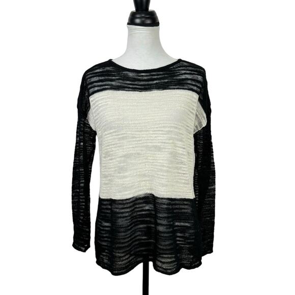 Alice + Olivia Ottoman Black & White Colorblock Linen Blend Thin Knit Sweater - Picture 1 of 9